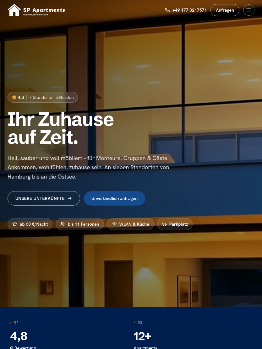 Tablet-Ansicht des Kundenprojekts SP Apartments von KP Webdesigns